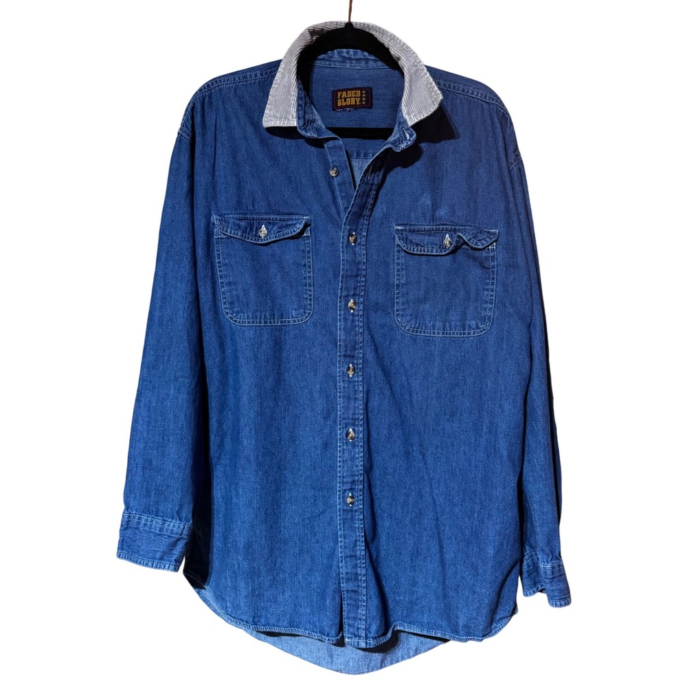 VTG Faded‎ Glory Denim Button Down Shirt Corduroy Collar - XL (see measurements)